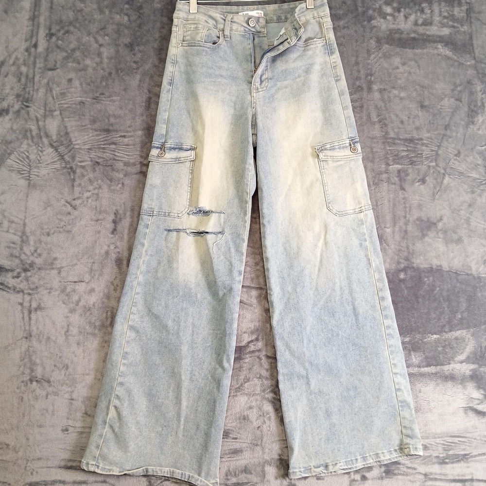 YMI Jeans Womens 5/27 Light Wash Blue High Rise Wide Leg Cargo Distressed PE0550